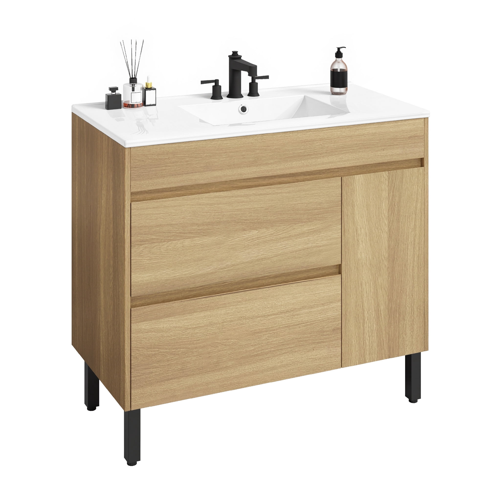 Uforic 36 Inch Bathroom Vanity with Sink, Freestanding Storage Bathroom Vanity for Media Space, with 1 Soft Closing Cabinet & 2 Drawers, Natural Brown, Mid-Century Modern