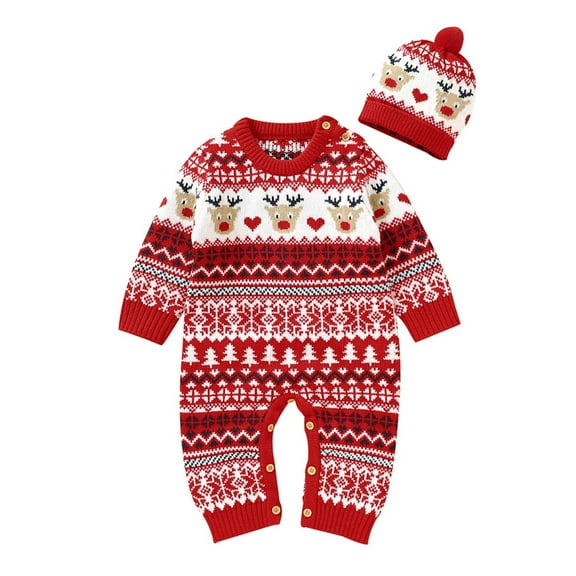Generic Workout Sweaters for Kids Boy Girl Christmas Deer Knitted Crew Neck Sweater Baby Jumpsuit Romper Cotton Xmas Hat Caps Outfits Clothes Set for Cute Fashion Pullover(3-6 Months,Red)