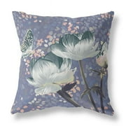 HomeRoots 26" x 26" Blue and Gray Butterfly Blown Seam Floral Indoor Outdoor Throw Pillow