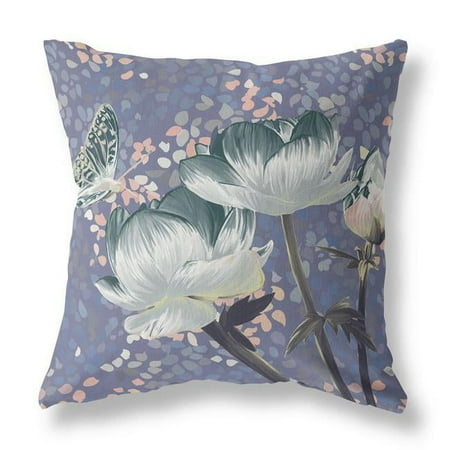 HomeRoots 26" x 26" Blue and Gray Butterfly Blown Seam Floral Indoor Outdoor Throw Pillow