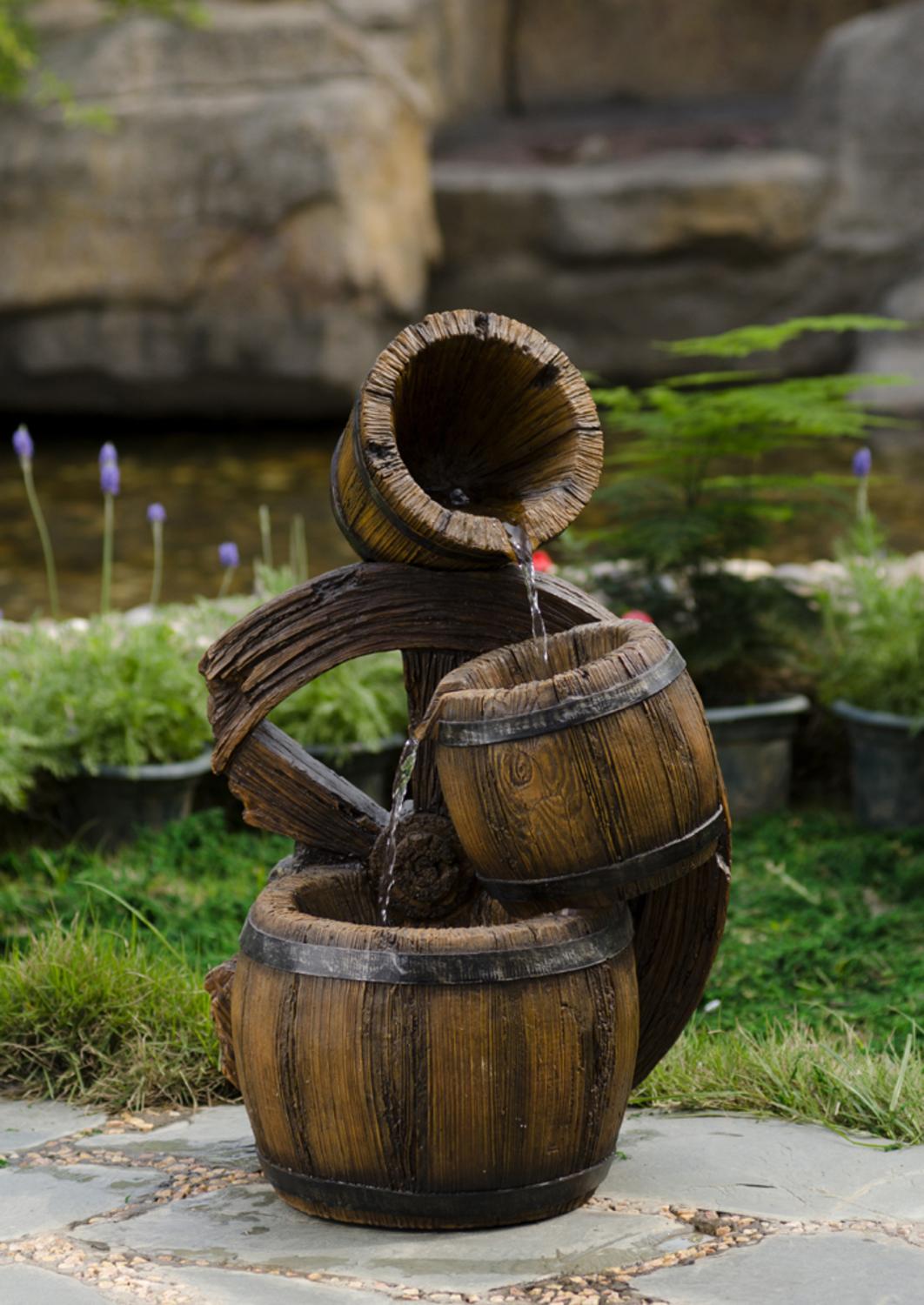 24.8\u0026quot; LED Lighted ThreeTiered Wood Barrel Urn Outdoor Patio Garden Water Fountain  Walmart.com