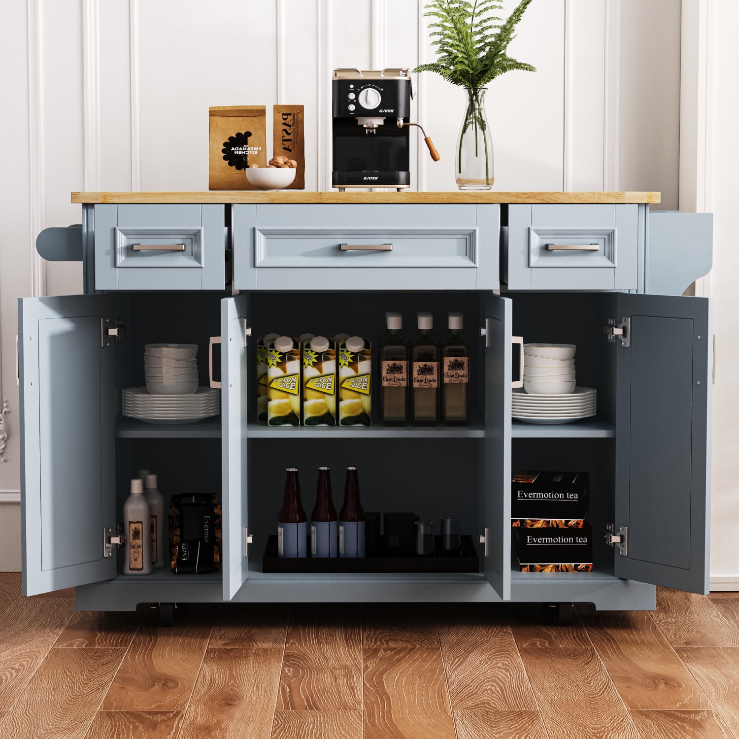 Harper & Bright Designs Large Kitchen Island with Drop Leaf, Rolling Kitchen Cart on 4 Wheels with Doors and 3 Drawers, Kitchen Island with Storage for Dining Room, Grey+Blue