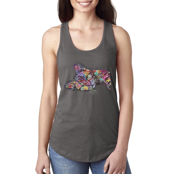 Tired Sleeping Cat | I Wish I Was My Cat Funny Colorful Kitty | Dean Russo Art Animal Lover Ladies Racerback Tank Top, Dark Grey, X-Large