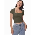thumbnail image 3 of 3-pack Army green&Black&White Women's Square Neck Short Sleeve T Shirts Double Lined Basic Tee Slim Fit Tops, 3 of 6