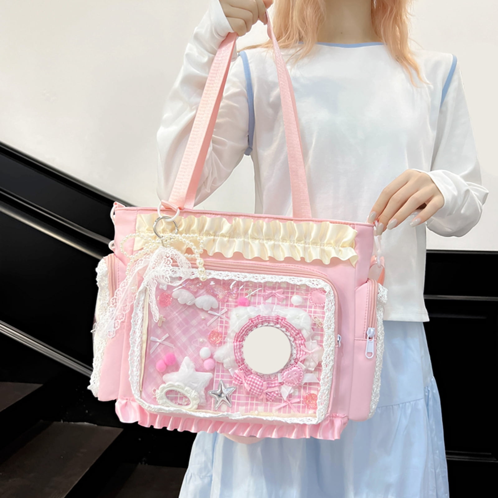 HUISZJ Transparent Square Ita Bag, Lolita Messenger Bag with Zipper & Pendant, DIY Badge Crossbody Bag Student Tote Bag for Shopping Travel Work Daily (Pink)
