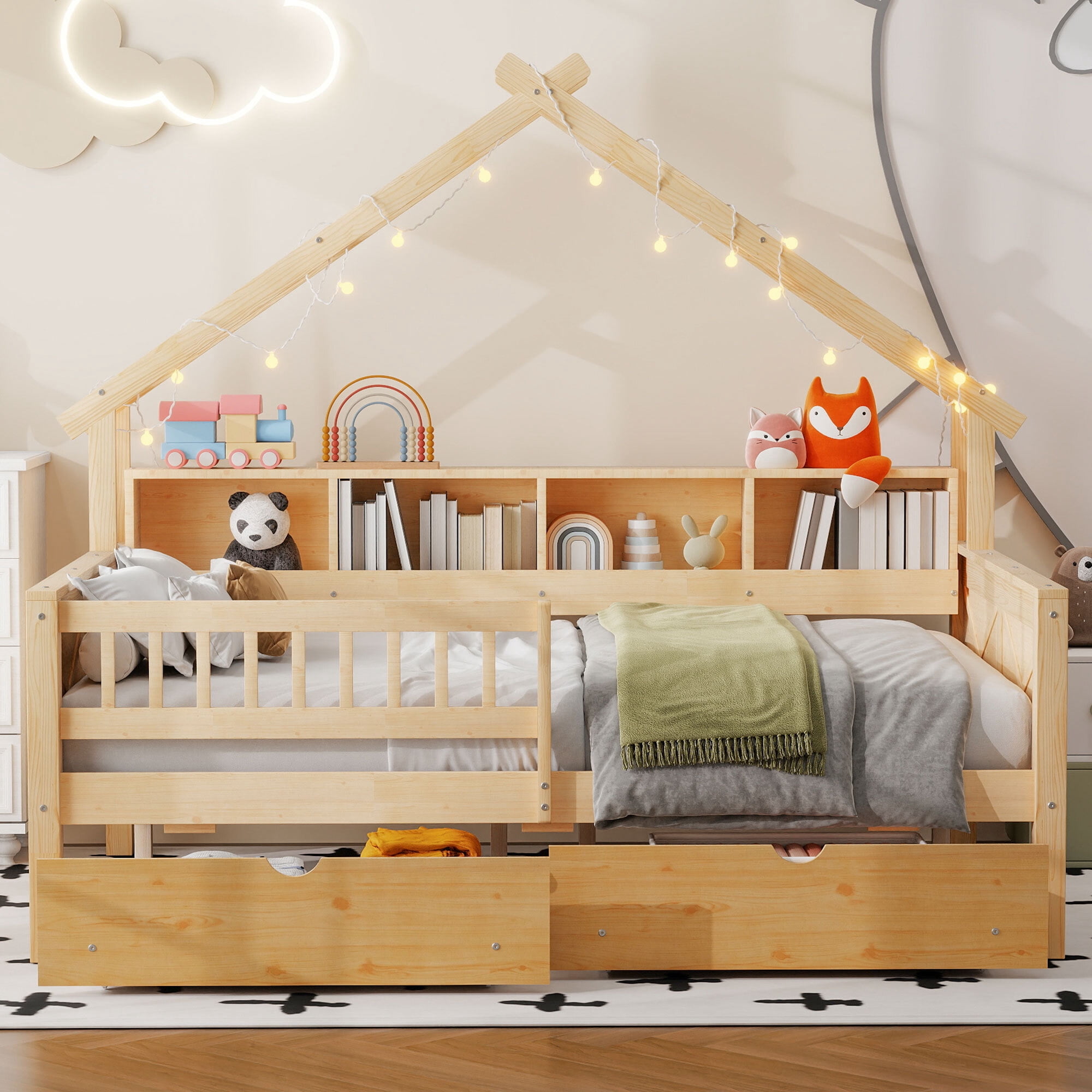 Euroco Wood Full Size Platform Bed with Drawers, House Bed with Storage and LED Light, Natural