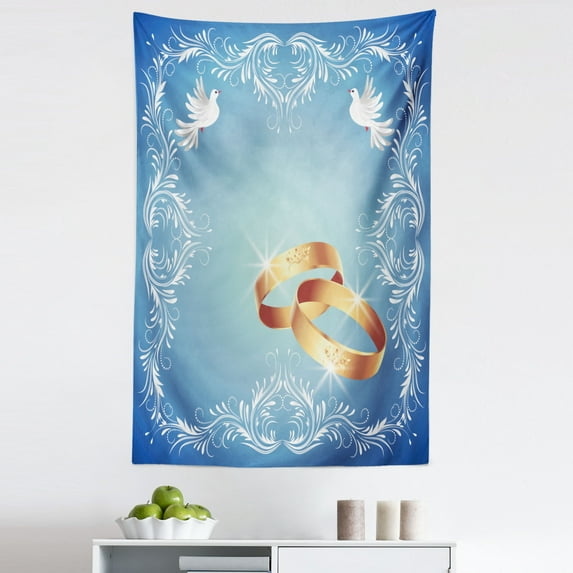 Blue Tapestry, Celebration Ornament Frame 2 Flying Doves Heart Shapes Wedding Rings, Fabric Wall Hanging Decor for Bedroom Living Room Dorm, 5 Sizes, Blue White Pale Caramel, by Ambesonne