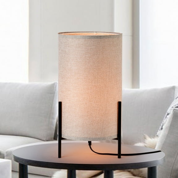 Modern Beige Linen Table Lamp with Black Metal Base, Bedside Nightstand Light for Bedroom or Living Room