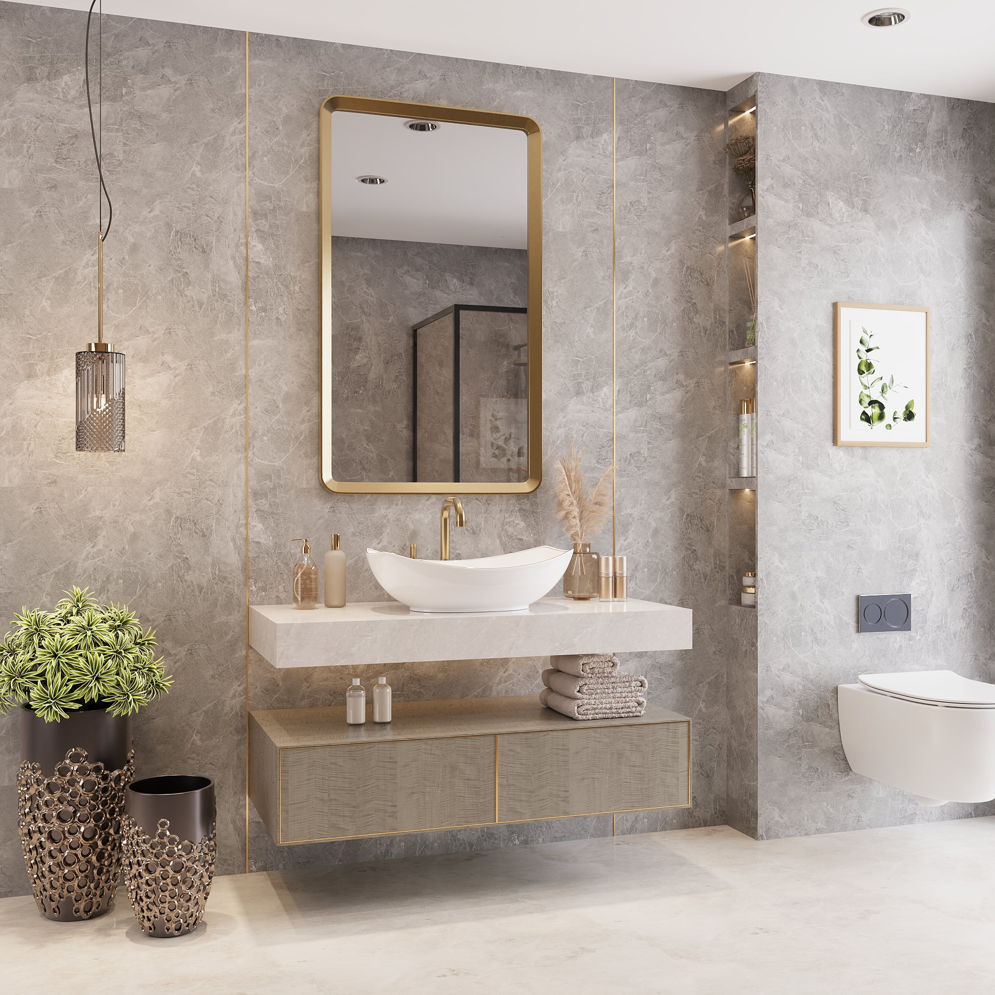 Deervalley 22" X 16" Boat-Shaped Ceramic White Vessel Sink Bathroom Sink With Gold Striped Edges DV-1V0319