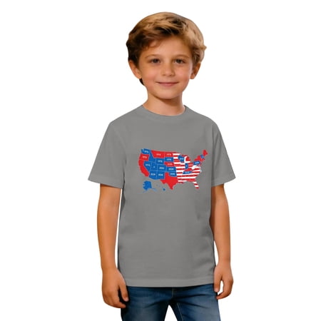 Likimi Patriotic Shirts For Children Girls Boys Summer With Independence Day Print Short Sleeve Crew Neck Breathable Tops Gray Size 4-5 Years