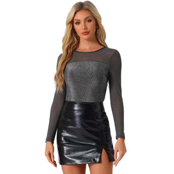 DARING DIVA Women's Glitter Mesh Panel Round Neck Sparkly Tops XS Gray Silver