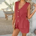 thumbnail image 5 of Prolriy Button down V Neck, Women's 2 Piece Summer Outfits for Women Tank Top with Shorts Sets Beach Vacation Outfits Matching Sets Women Clothing Red XL, 5 of 7