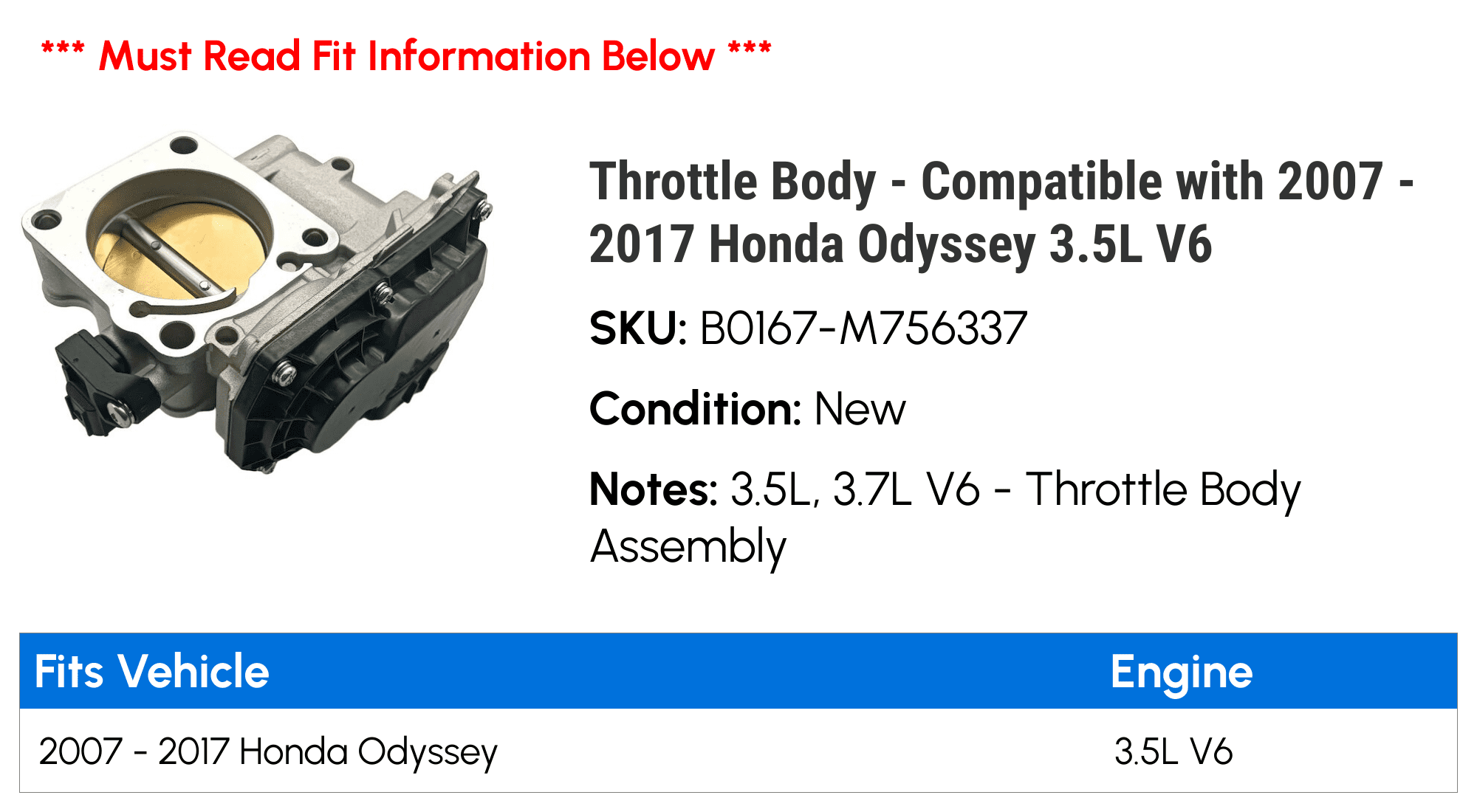 Throttle Body - Compatible with 2007 - 2017 Honda Odyssey 3.5L V6 2008 2009 2010 2011 2012 2013 2014 2015 2016