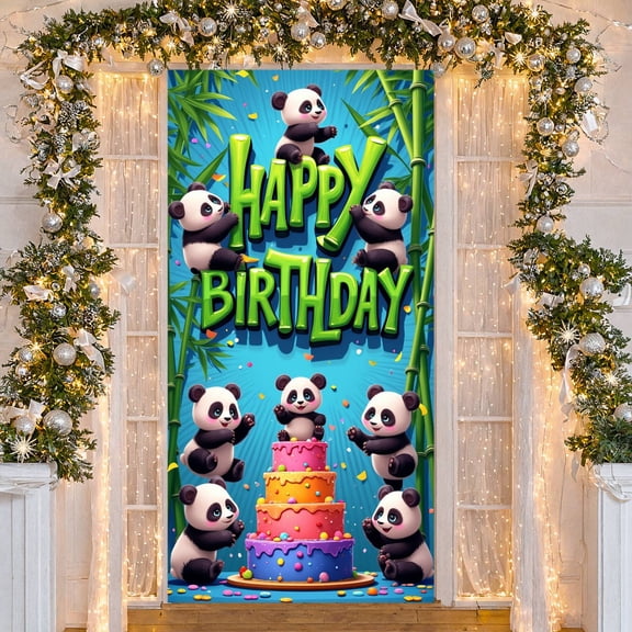 Cute Panda Design Banner Vibrant Color Scheme Birthday Party Backdrop Cartoon Style Multi-layered Cake Birthday Celebration Display for Kids Birthday Party Panda Themed Party Indoor Celebration