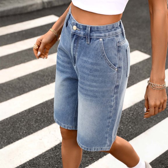 Noric Women's High Waisted Denim Bermuda Shorts Loose Fit Straight Leg Jean Shorts with Pockets Classic Solid Color