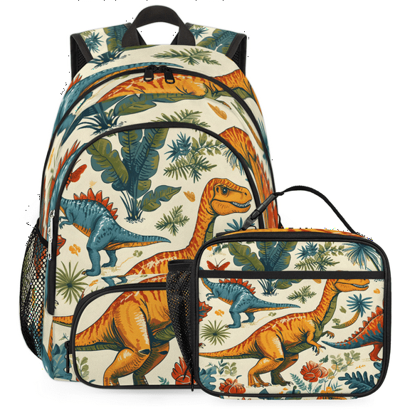 Herdesigns Dinosaur Backpack with Lunch Box Animals Lightweight Large Travel Work Laptop Backpacks Set Casual Daypacks