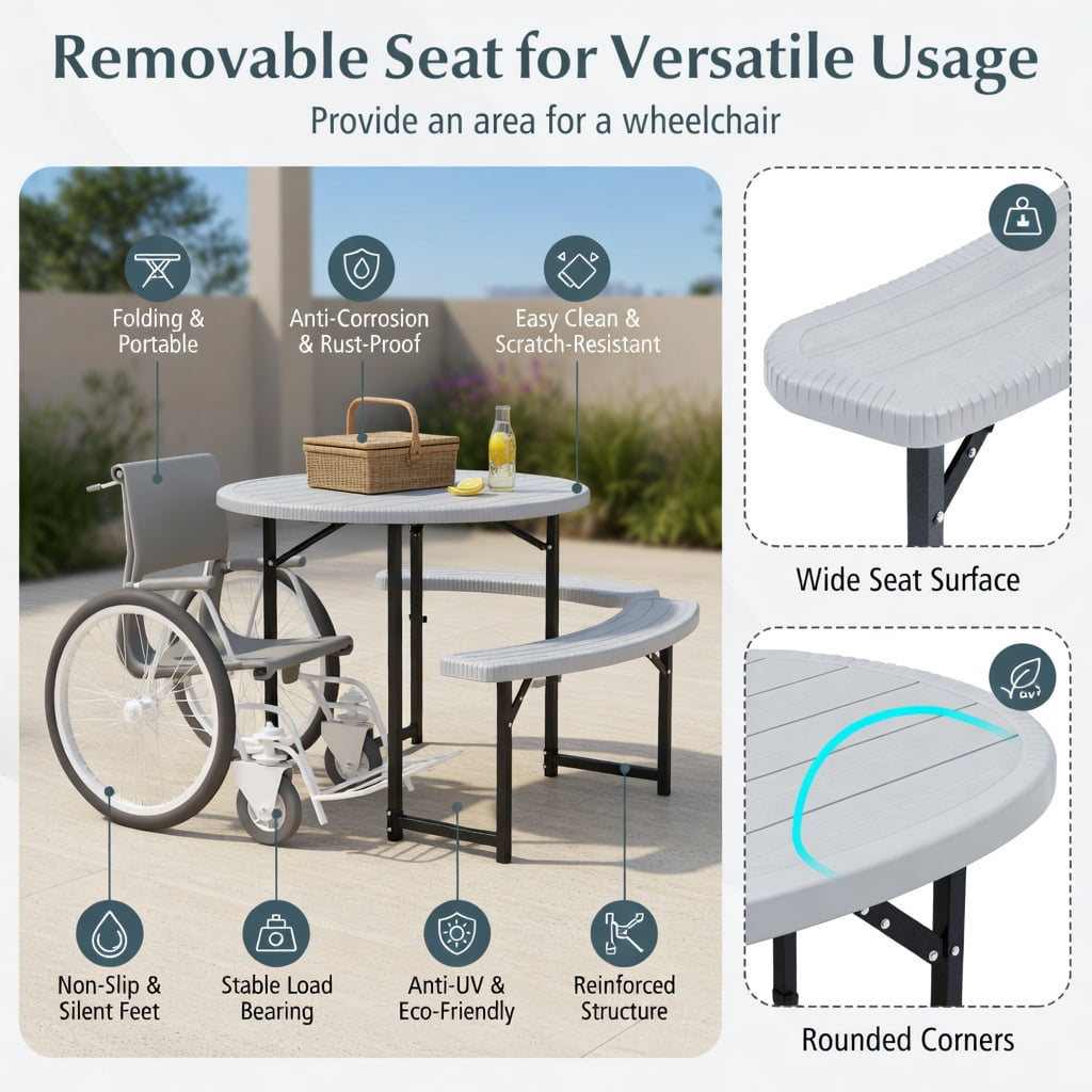 Hommoo Round Outdoor Picnic Table Set with 4 Matching Benches & Umbrella Hole, Weather-Resistant HDPE Top, Heavy-Duty Metal Frame, White