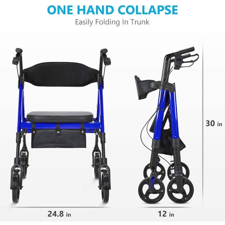 Oasisspace Heavy Duty Rollator Walker - Bariatric Rollator Walker with Large Seat for Seniors Support Up 500 lbs (Blue)