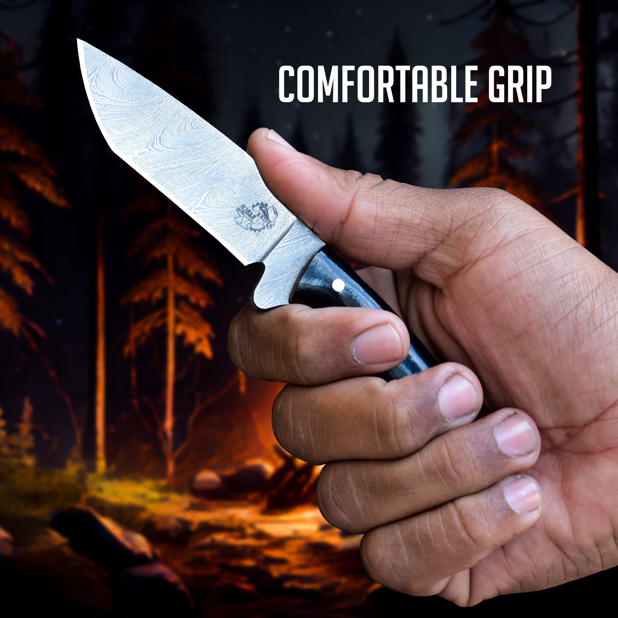 Knives Ranch Handmade Small Tactical edc Knife – Forged Damascus with Black Burlap Micarta Handle – 3-3/8" Blade – Horizontal Cowboy Leather Sheath – EDC & Utility Knife (3185-M)