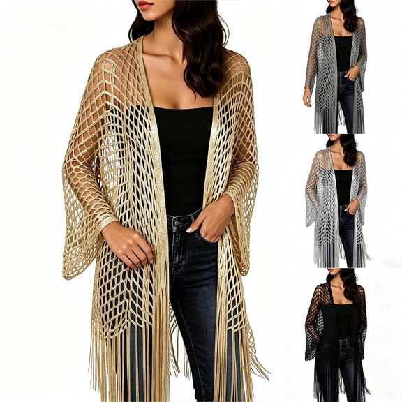 Hesxuno Women Crochet Cardigans Long Sleeve Lightweight Baggy Maxi Cardigan Hollow Out Beach Boho Cover Up 2026 Breathable Comfy Coverup Gold Free Size