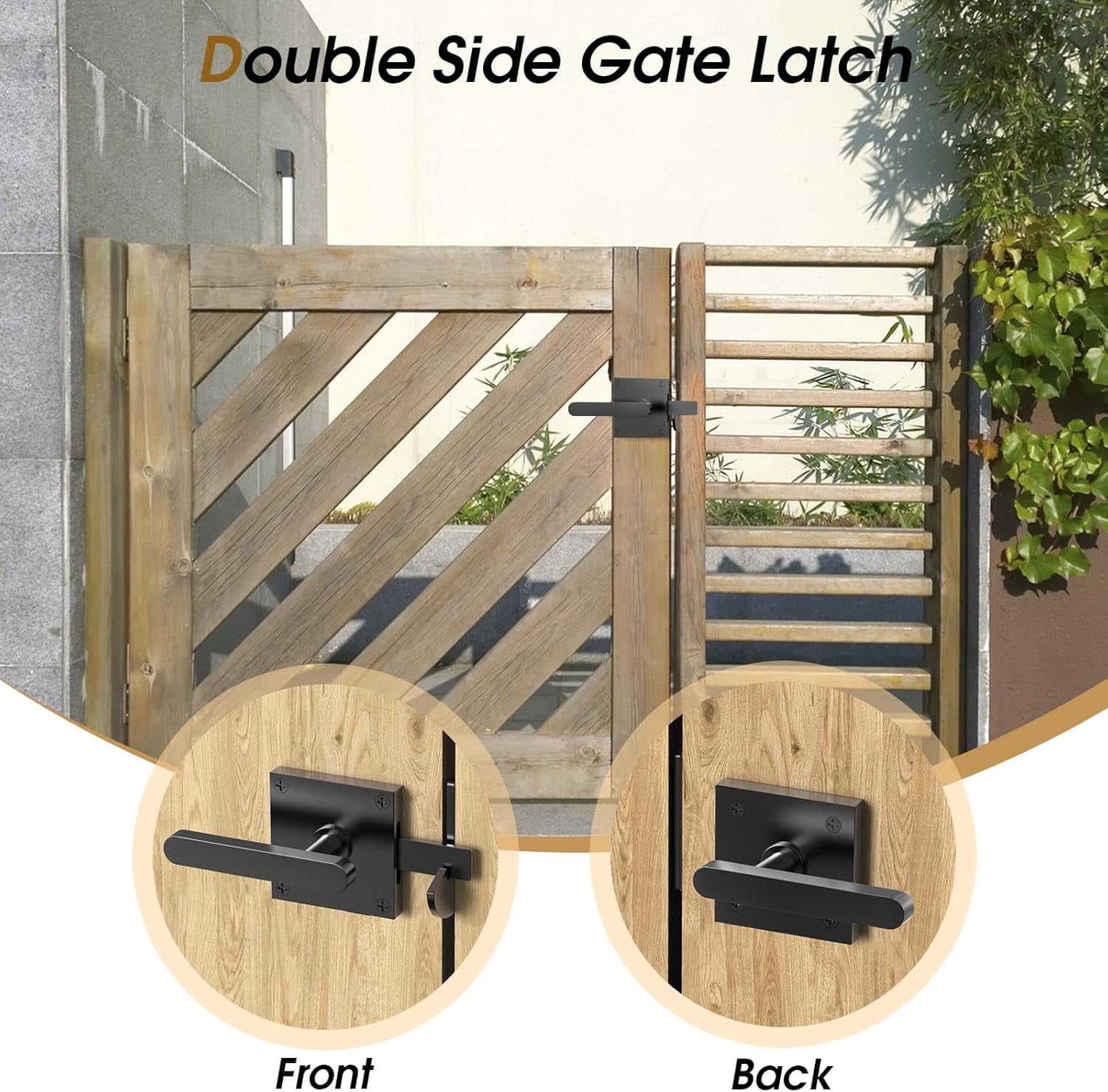 Double Side Gate Latch, Heavy Duty Gate Latch for Wooden Fence, Black Fence Gate Latch with Handles for Wooden Gates, Pool Gate, Backyard, Garden