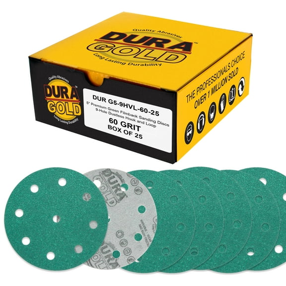 Dura-Gold Premium 60 Grit 5" Green Film Sanding Discs, 9-Hole Pattern, Box of 25 - Heavy-Duty Dustless Hook & Loop Backing Sandpaper for DA & Random Orbital Sanders, Sand Auto Paint, Wood, Furniture