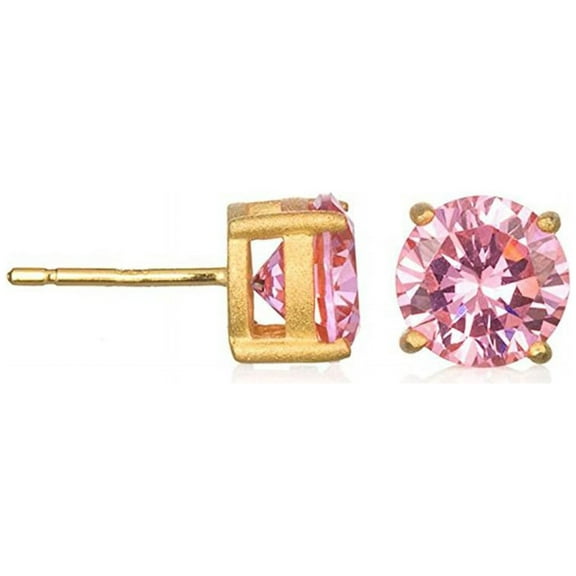 Gold 8MM Round Pink CZ Stud Earrings Plated