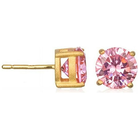 Gold 8MM Round Pink CZ Stud Earrings Plated