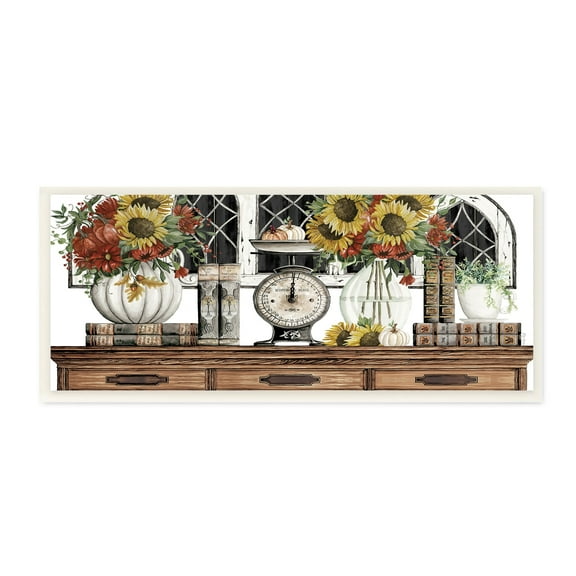 Stupell Industries Sunflowers Atop Antique Furniture Vintage Scale Books Painting Unframed Art Print Wall Art, Design by Cindy Jacobs