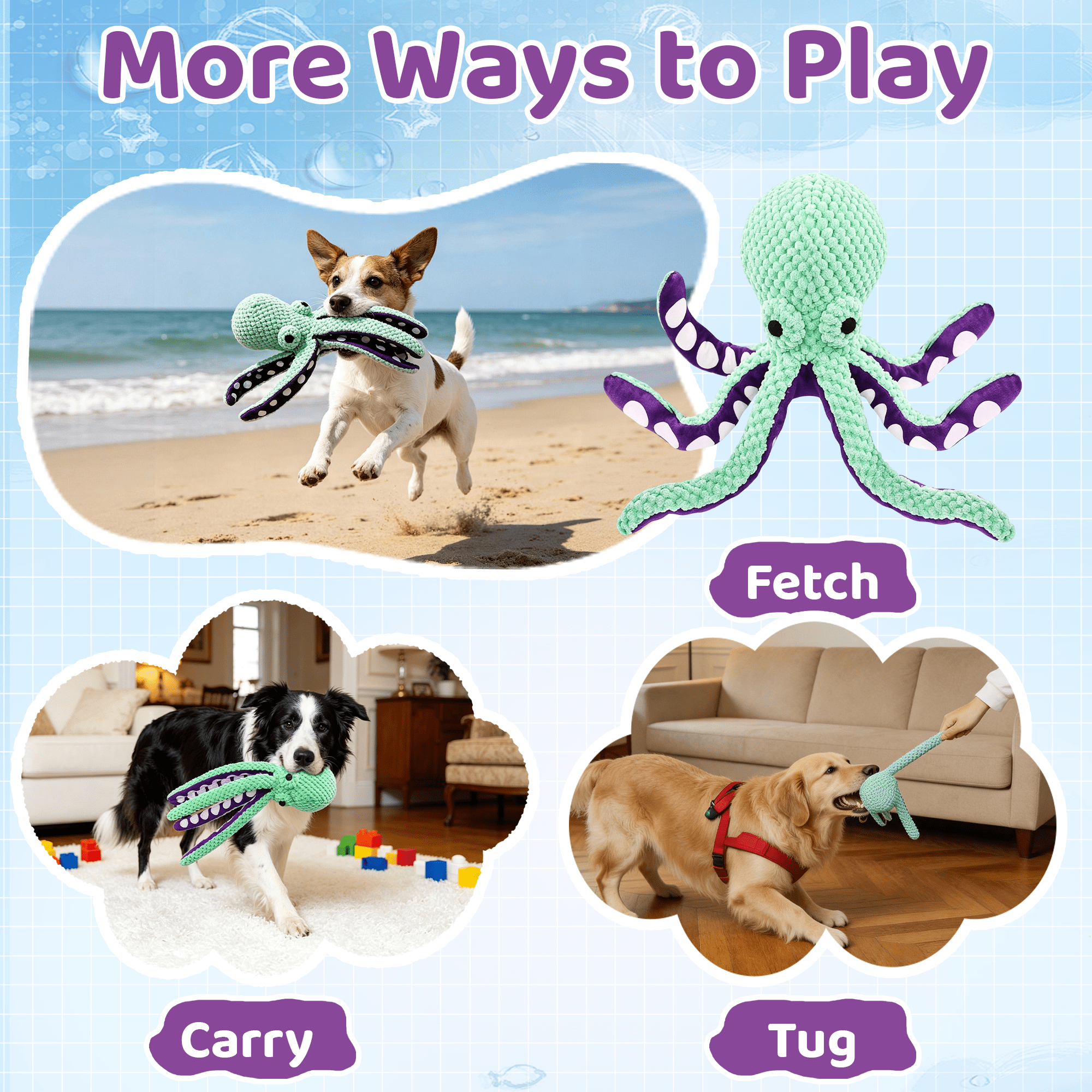 GARITIN Octopus Squeaky Plush Dog Toy, Interactive Soft Chew Toy for Puppies, Small & Medium Dogs