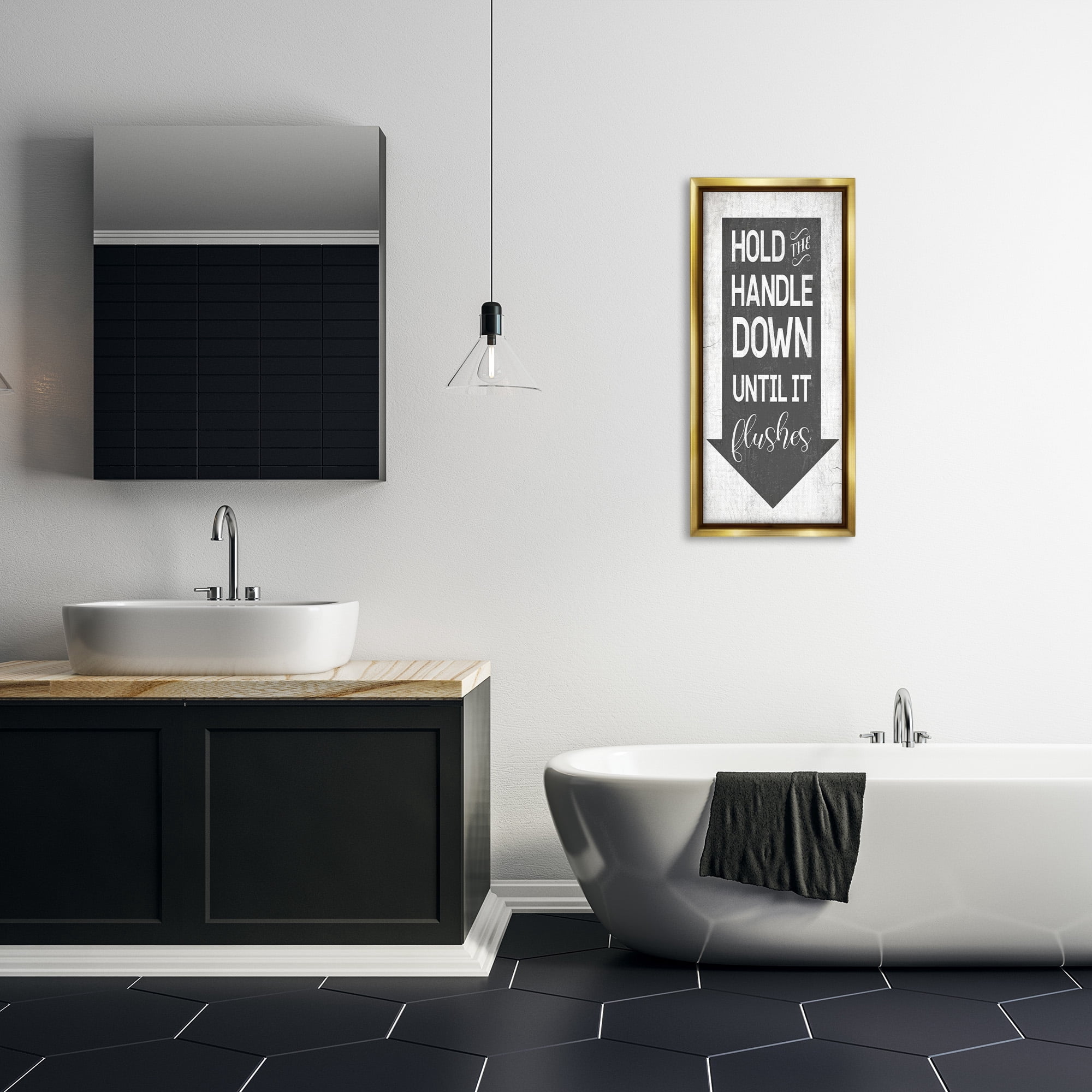 Stupell Industries Hold Handle Down Bathroom Arrow Typography Painting Gold Floater Framed Canvas Art Print Wall Art, 15 x 31