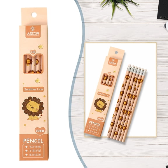 Sunny Lion Cartoon 10 Pack Pencils Set With Eraser Wooden Writing Pencils Cute Stationery Gift Box Colorful Drawing Doodle Supplies