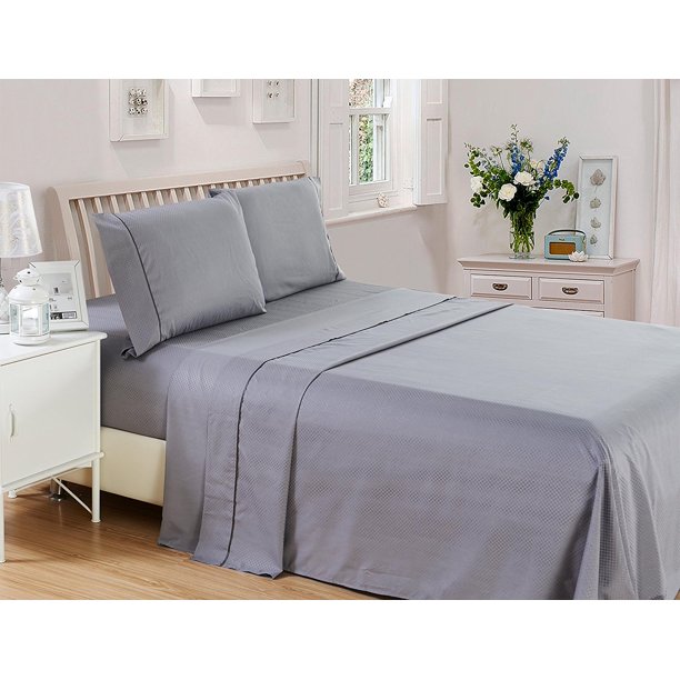 Checkered Embossed Bed Sheet Set (Queen, Grey) 4 Piece Deep Pocket 1800