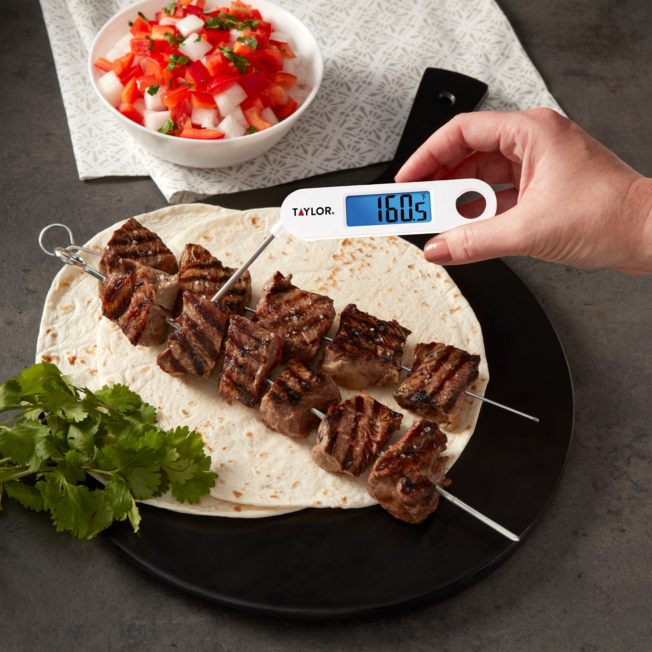 Taylor Stainless Steel Digital Folding Probe Meat Thermometer, Blue Backlight Display, White