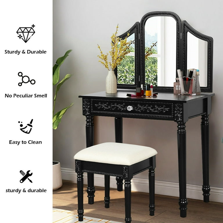 Gymax Vanity Dressing Makeup Table Set w Tri Folding Mirror Large Drawer Stool Black