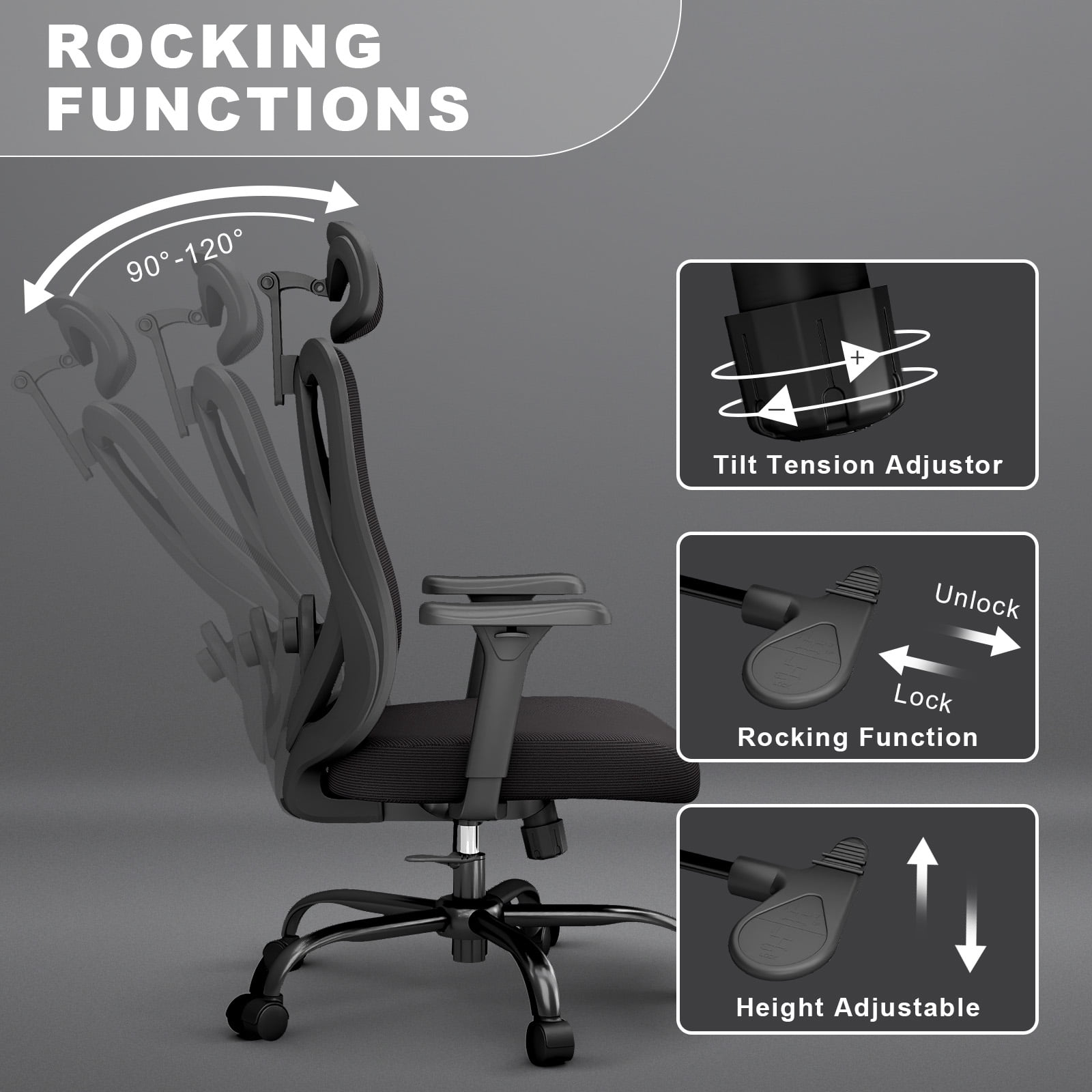 YERAIRR Highback  Mesh Office Chair with Adjustable Headrest, Lumbar Support, and 3D Armrests Ergonomic Swivel Task Chair  Black