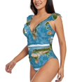 thumbnail image 3 of Yiaed Earth View World Map Print Women's Ruffled One Piece Swimsuit V Neck Swimwear Slimming Monokini for Woman-Small, 3 of 8