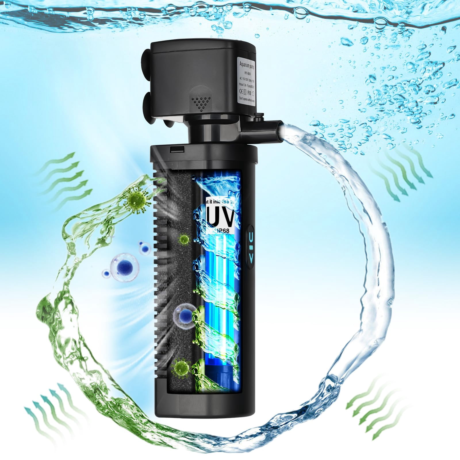 200GPH Aquarium U-V Filter for 20-75 Gallon,  Aquarium Filters with 5W U/V Light Green Clean Machine, Internal Filter Powerful Pump Filter for Fish Tank Saltwater Freshwater Crystal Clear