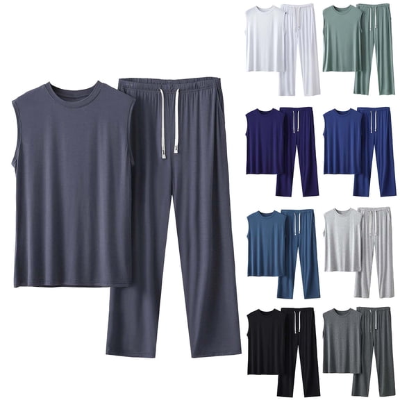 mihongmao Summer Travel Outfits for Men Beach Outfits Men's Fashion Sleeveless Round-Neck Casual Regular Solid Comfy Set Gray 4X