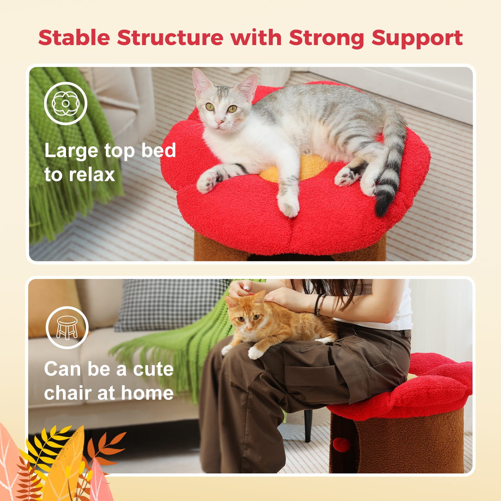 Pefilos 15" Cat House Condo with Tree, Cave Bed & Removable Flower Cat Cushion, Brown