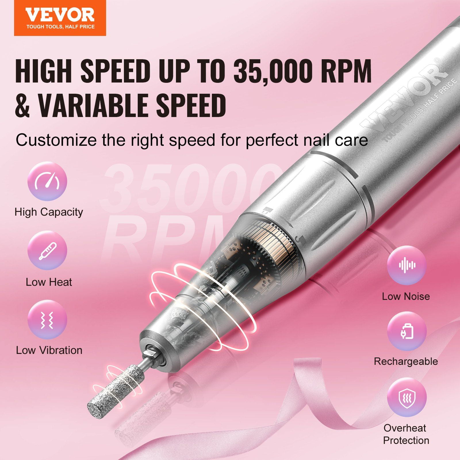 Electric Rechargeable Nail Drill 35000RPM Portable Cordless Nail File Machine with LCD Display 6 Bits 50 Sanding Bands for Manicure Pedicure