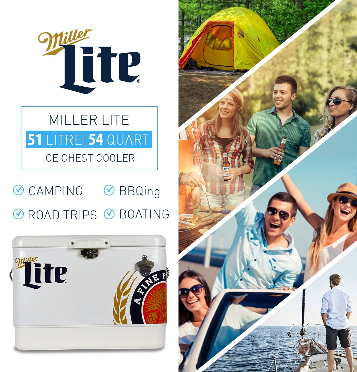Miller Lite Ice Chest Cooler with Bottle Opener, 51L (54 qt), 85 Cans
