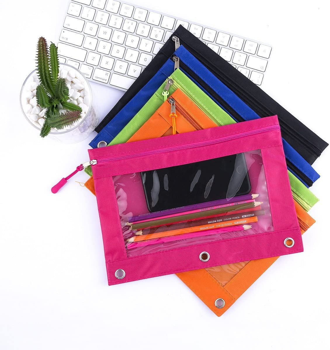 5 Pack Zipper 3-Ring Pencil Cases, Rivet Reinforced Multi Color Stationery Storage Bags for Students