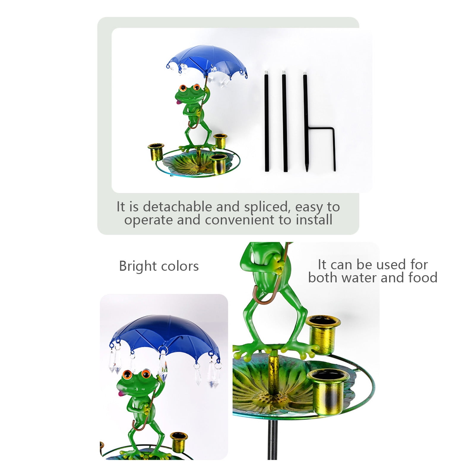 CSSAD Bird Bath Garden Standing, 33in Iron Frog Umbrella Bird Feeder, Outdoor Bird Bath with Ground Plug, Frog Bird Bath Large for Wild Birds and Insects