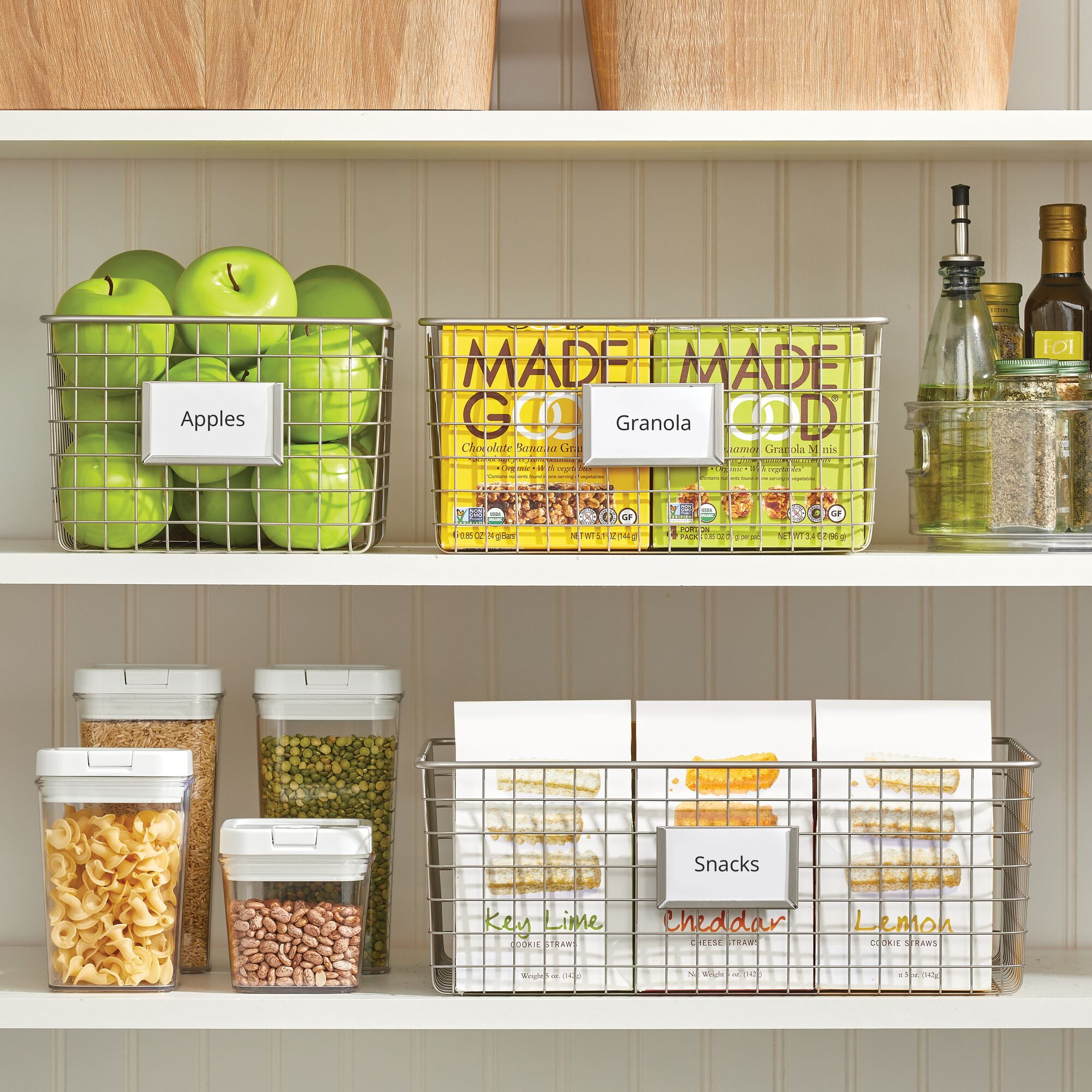 mDesign Large Steel Kitchen Organizer Basket with Label Slot, 4 Pack - Satin