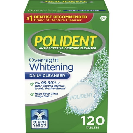 (2 pack) Polident Overnight Whitening Antibacterial Denture Cleanser Effervescent Tablets, 120 (Best Denture Cleaning Tablets)