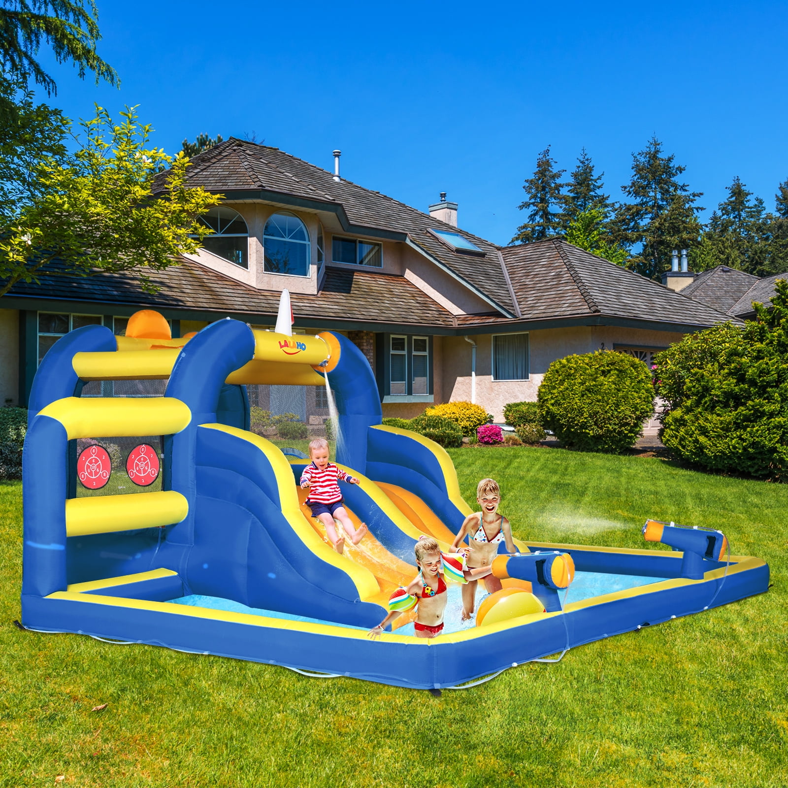Ktaxon 7-in-1 Inflatable Water Slide Bounce House with Blower, Dual Slides Water Park, Bounce Area & Basketball Hoop for Kids Backyard