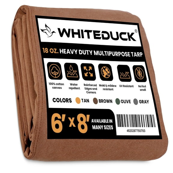 White Duck Outdoors 6' x 8' Brown Canvas Tarp – Heavy Duty 18 oz Waterproof Cover with Rustproof Grommets