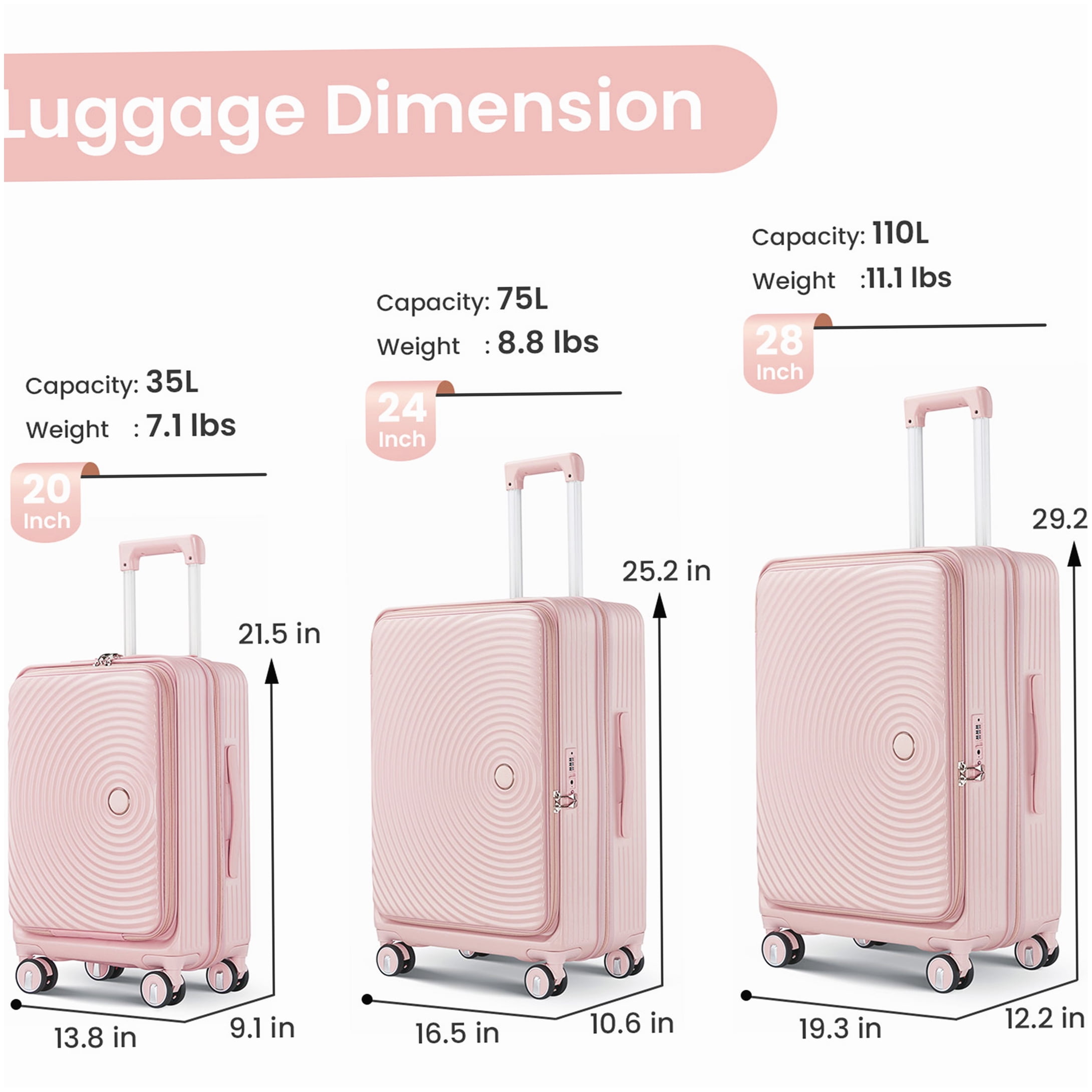 Airline Approved Pink PC Luggage Set 20/24/28, Lightweight Expandable Suitcase with TSA Lock