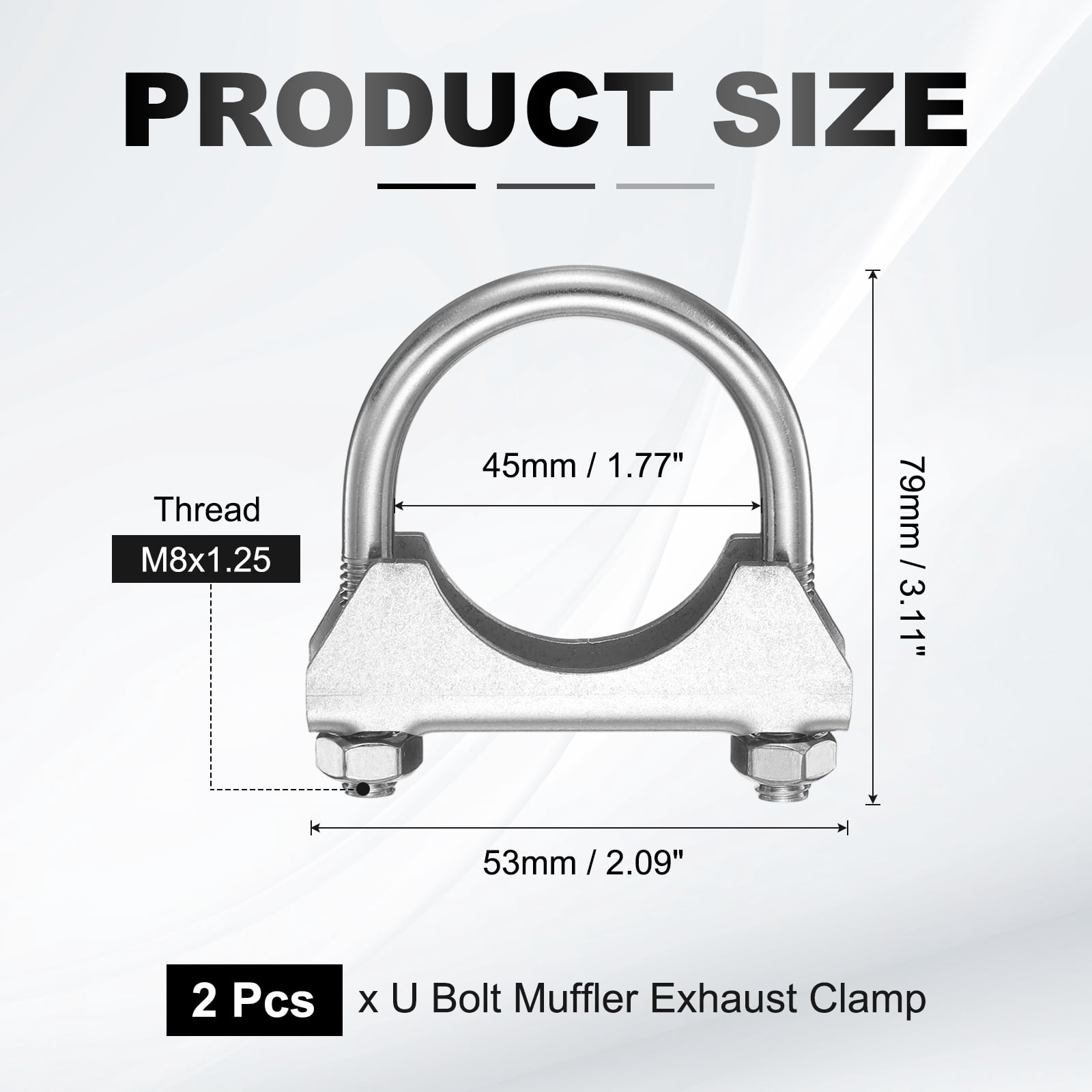 Uxcell 2pcs U Bolt Muffler Exhaust Clamp 45mm/1.77" 304 Stainless Steel U-Bolt Clamps Muffler Tip Hook Saddle Exhaust Clip for Tip Pipes Connection